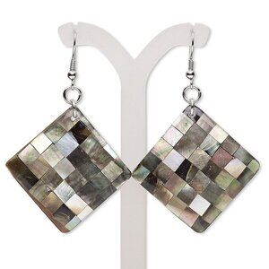 Handcrafted Natural Black Lip Shell Checkered Diamond Shaped Pendant Earrings